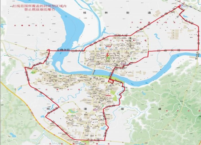 红线范围所覆盖的封闭型区域内禁放烟花爆竹。
