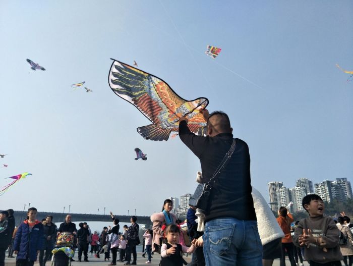 滨江湿地公园里,市民在放飞风筝。
