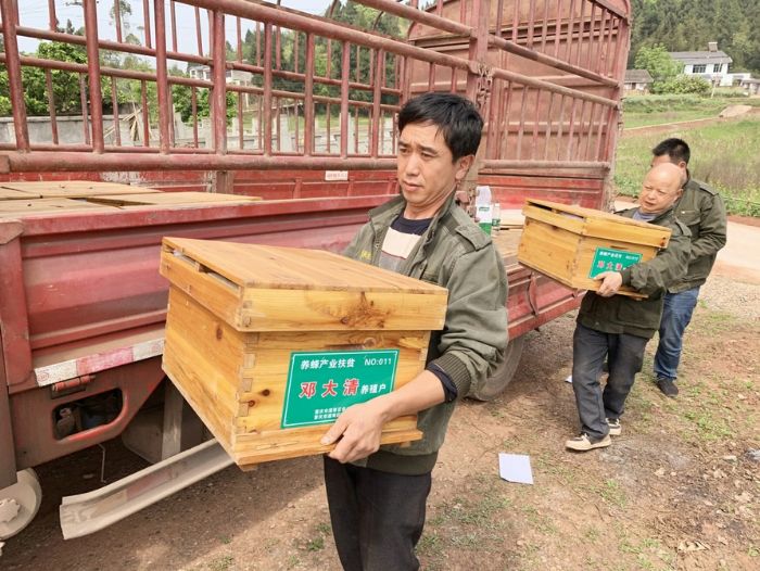工作人员给贫困户送蜜蜂。
