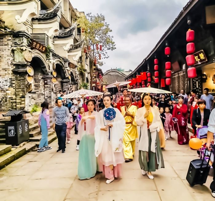 游客在双江古镇游玩。
