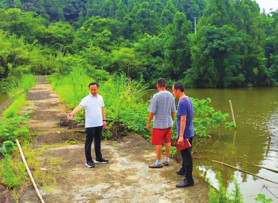 调研组检查河塘周围安全防护措施。